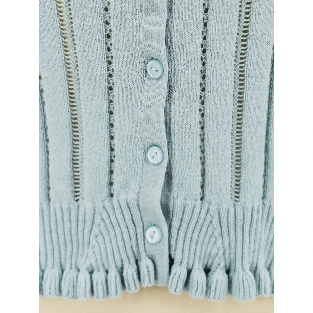 American Eagle Button Front Tank Top Size Medium Blue Knit Ruffle Hem - Picture 8 of 14